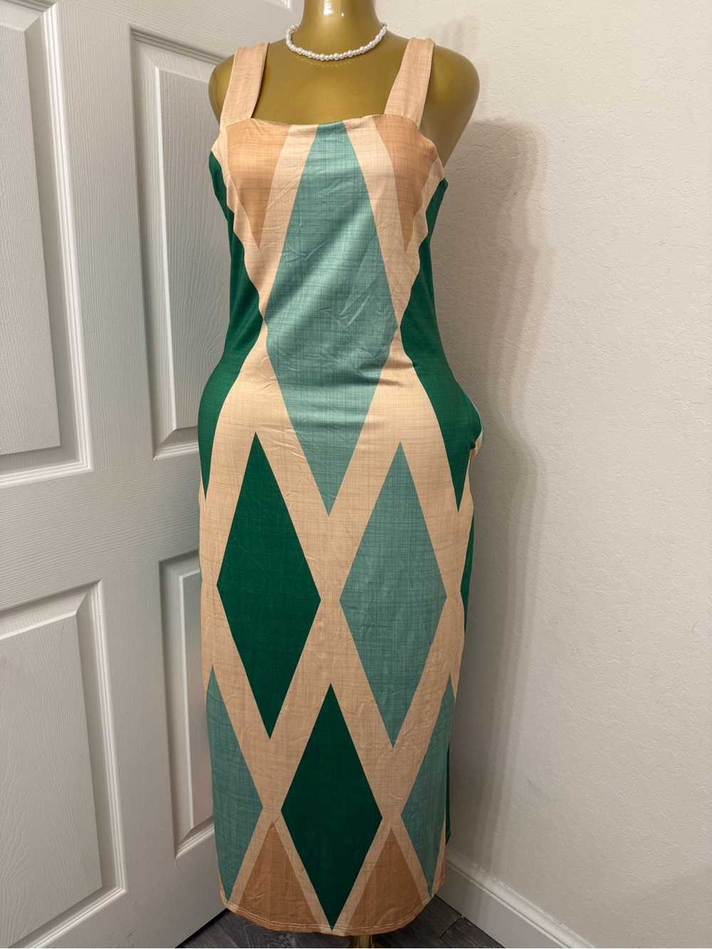 Sleeveless Diamond-Panel Midi Dress in Teal, Forest Green & Beige